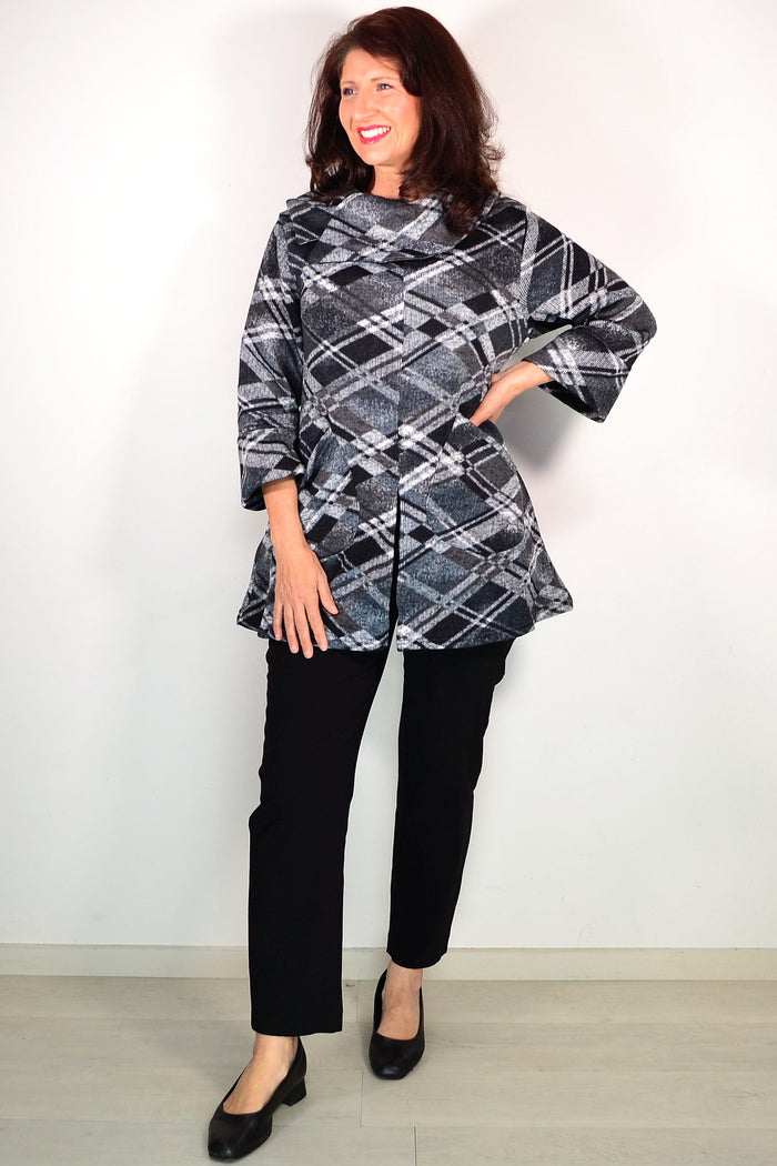Grey Squares Winter Tunic Top by Wishstone featuring long sleeves, a relaxed fit, and a stylish winter-ready design.