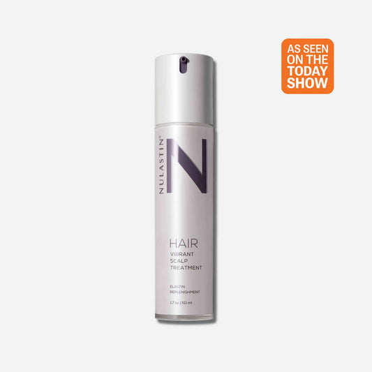 Front view of HAIR Vibrant Scalp Treatment 1.7 oz bottle showing NULASTIN logo and Today Show badge on light background