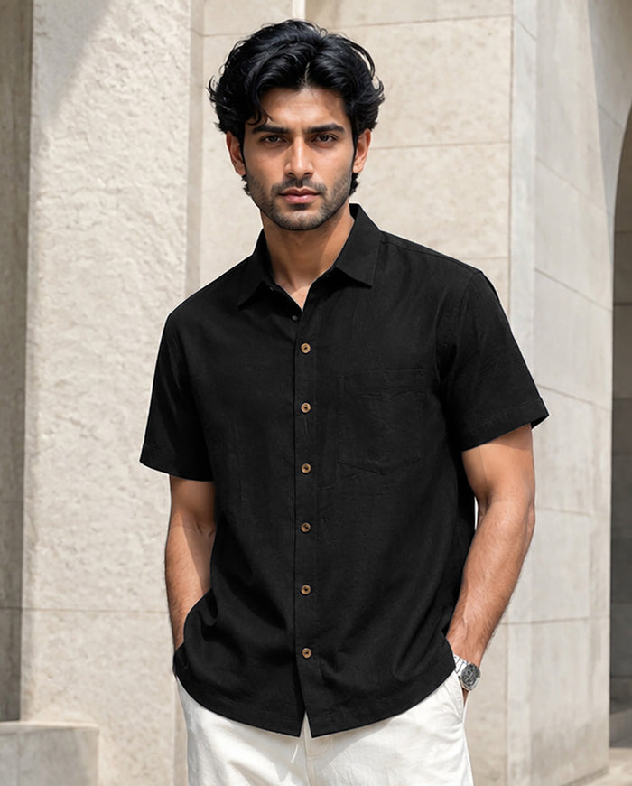 Half-Sleeve Crush Viscose Shirt in Black