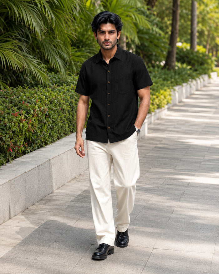 Half-Sleeve Crush Viscose Shirt in Black