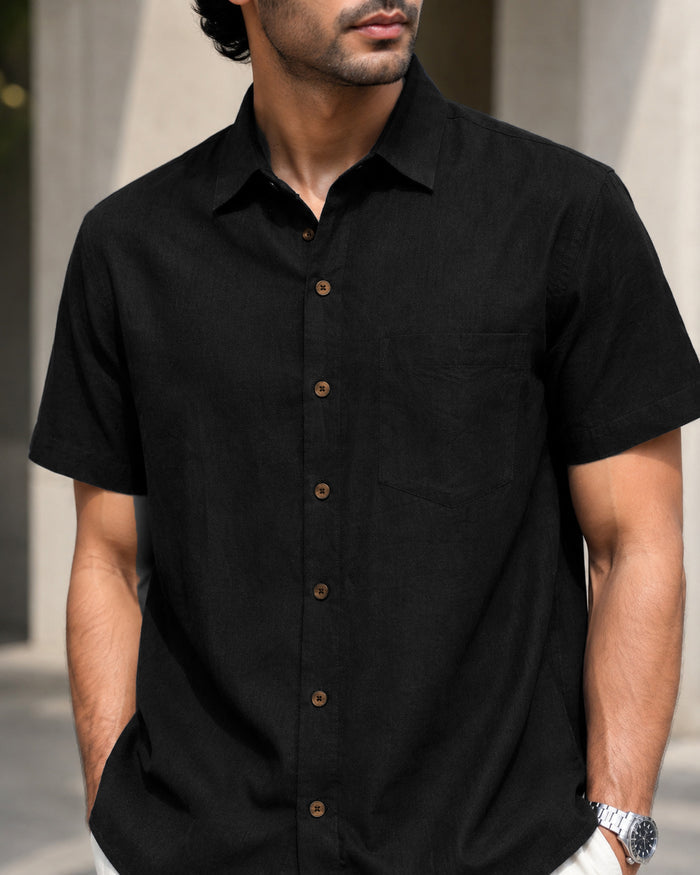 Half-Sleeve Crush Viscose Shirt in Black