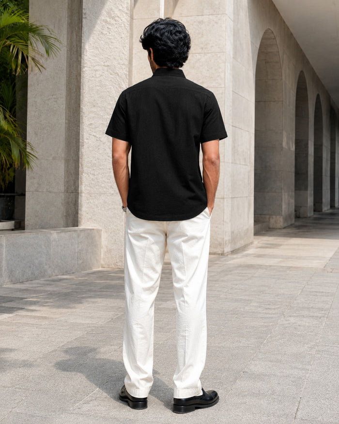 Half-Sleeve Crush Viscose Shirt in Black