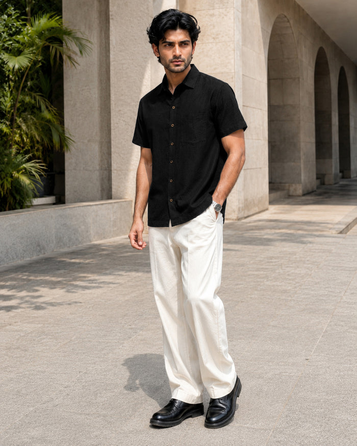 Half-Sleeve Crush Viscose Shirt in Black