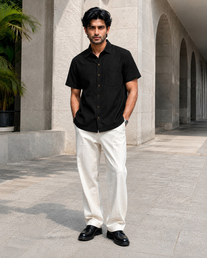 Half-Sleeve Crush Viscose Shirt in Black