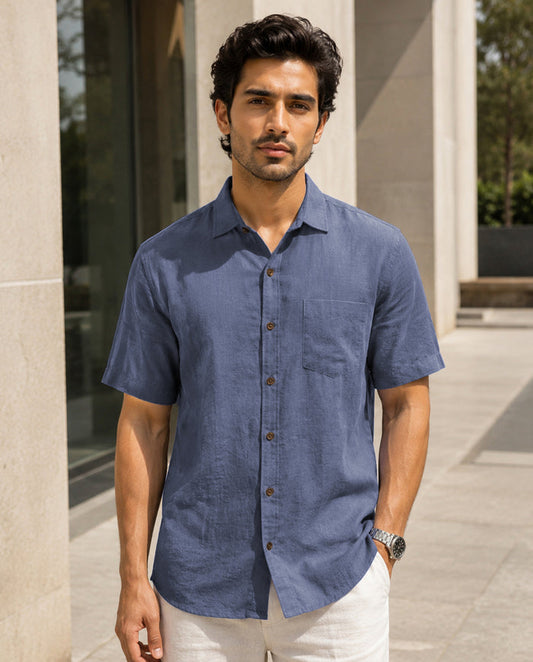 Half-Sleeve Crush Viscose Shirt in Blue