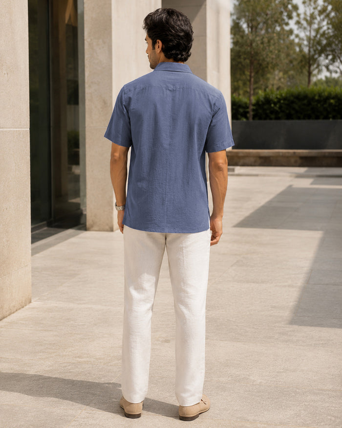 Half-Sleeve Crush Viscose Shirt in Blue