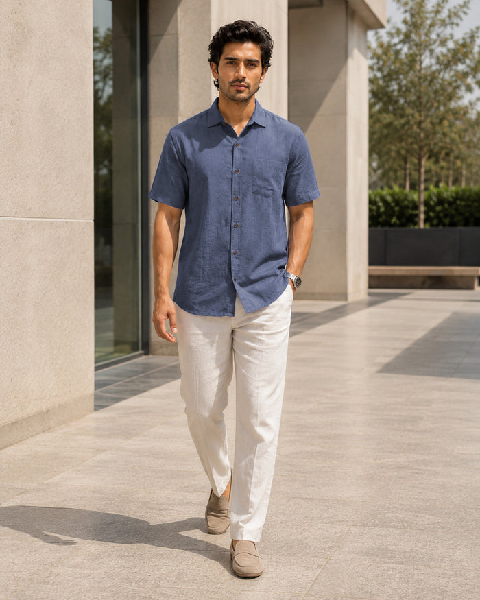 Half-Sleeve Crush Viscose Shirt in Blue