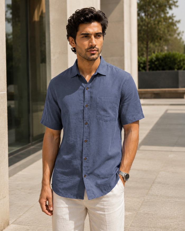 Half-Sleeve Crush Viscose Shirt in Blue