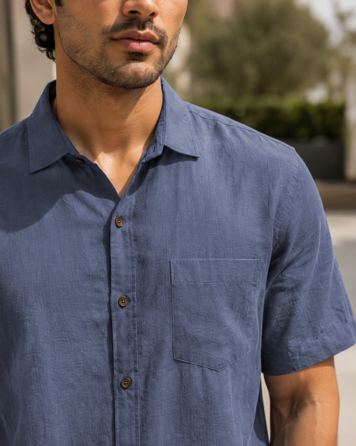 Half-Sleeve Crush Viscose Shirt in Blue