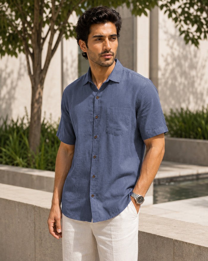Half-Sleeve Crush Viscose Shirt in Blue