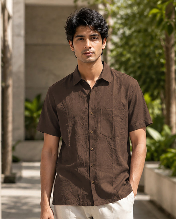Half-Sleeve Crush Viscose Shirt in Brown