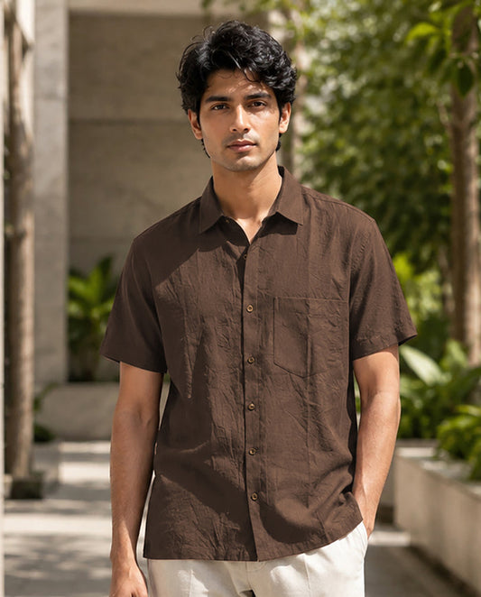 Half-Sleeve Crush Viscose Shirt in Brown