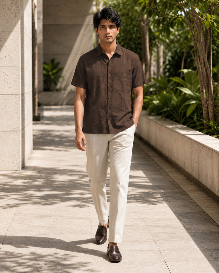 Half-Sleeve Crush Viscose Shirt in Brown