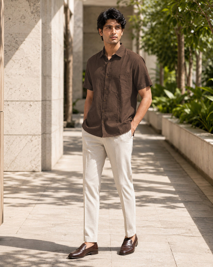Half-Sleeve Crush Viscose Shirt in Brown