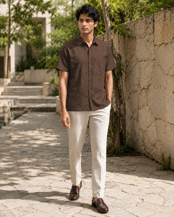 Half-Sleeve Crush Viscose Shirt in Brown