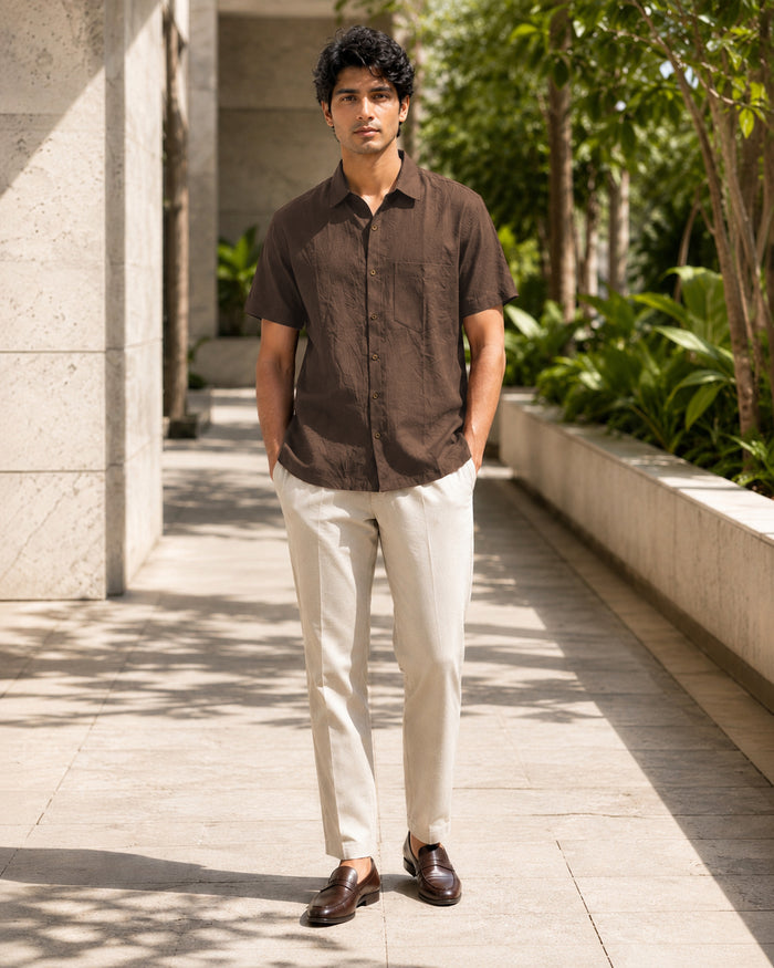 Half-Sleeve Crush Viscose Shirt in Brown