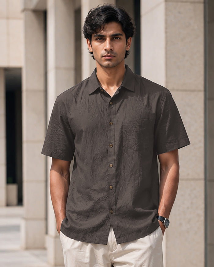 Half-Sleeve Crush Viscose Shirt in Charcoal Grey
