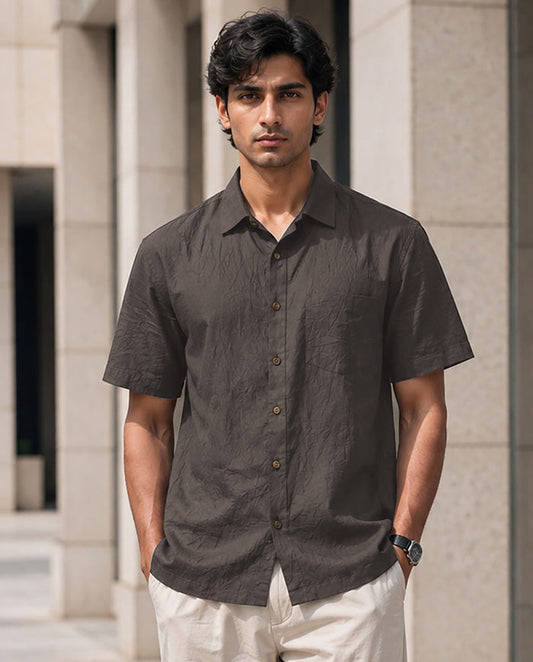 Half-Sleeve Crush Viscose Shirt in Charcoal Grey