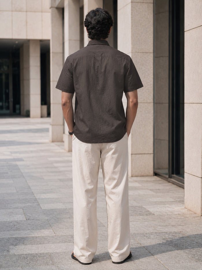 Half-Sleeve Crush Viscose Shirt in Charcoal Grey