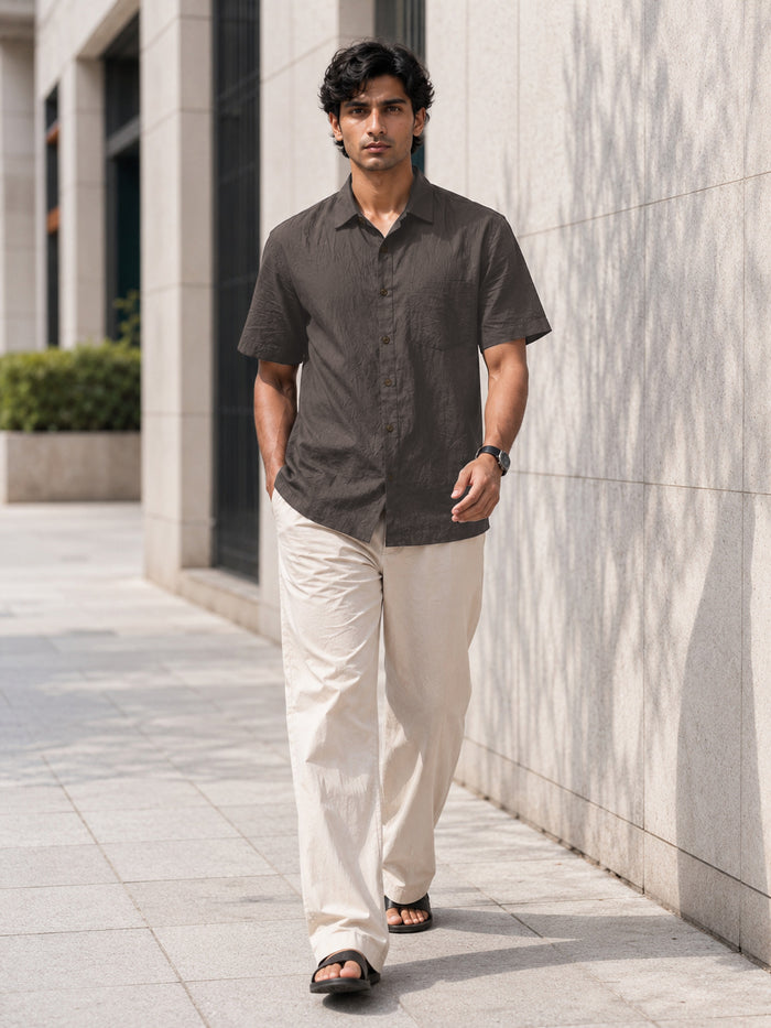 Half-Sleeve Crush Viscose Shirt in Charcoal Grey