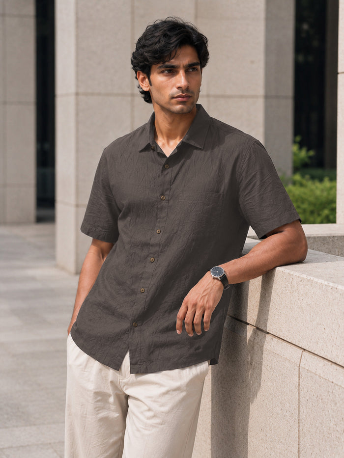 Half-Sleeve Crush Viscose Shirt in Charcoal Grey