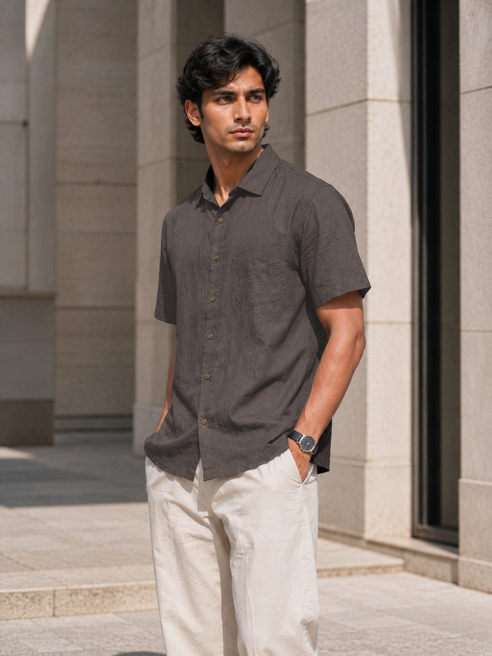Half-Sleeve Crush Viscose Shirt in Charcoal Grey