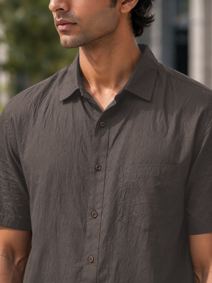 Half-Sleeve Crush Viscose Shirt in Charcoal Grey