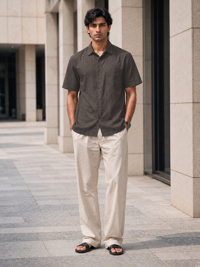 Half-Sleeve Crush Viscose Shirt in Charcoal Grey