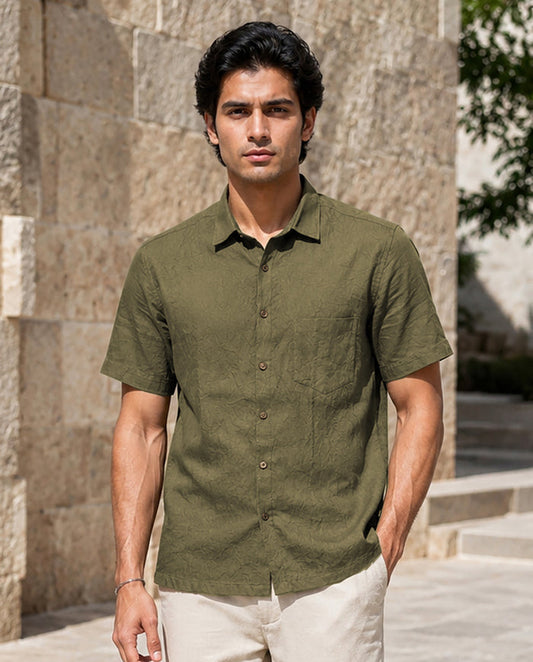 Half-Sleeve Crush Viscose Shirt in Green