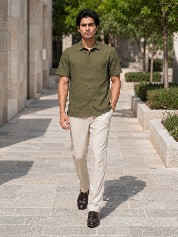 Half-Sleeve Crush Viscose Shirt in Green