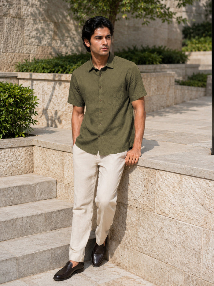 Half-Sleeve Crush Viscose Shirt in Green