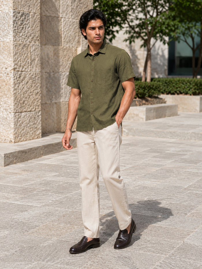 Half-Sleeve Crush Viscose Shirt in Green