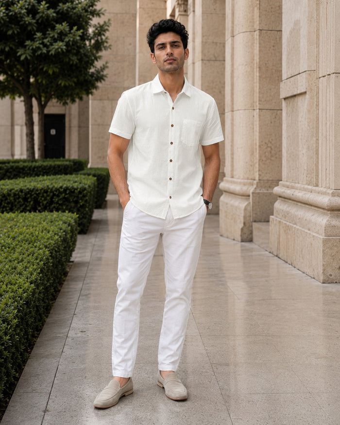 Half-Sleeve Crush Viscose Shirt in White