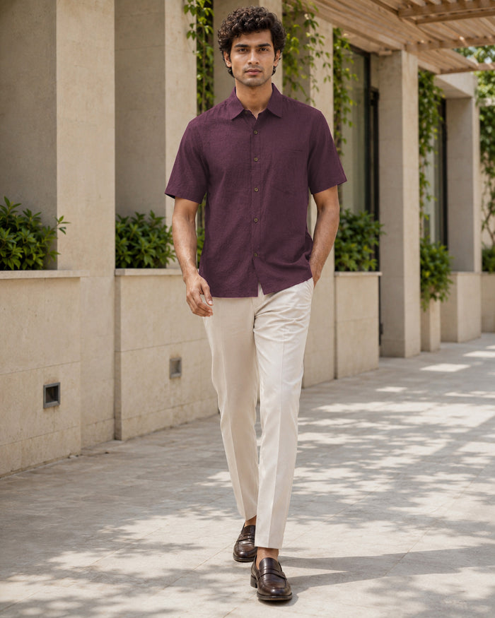 Half-Sleeve Crush Viscose Shirt in Wine
