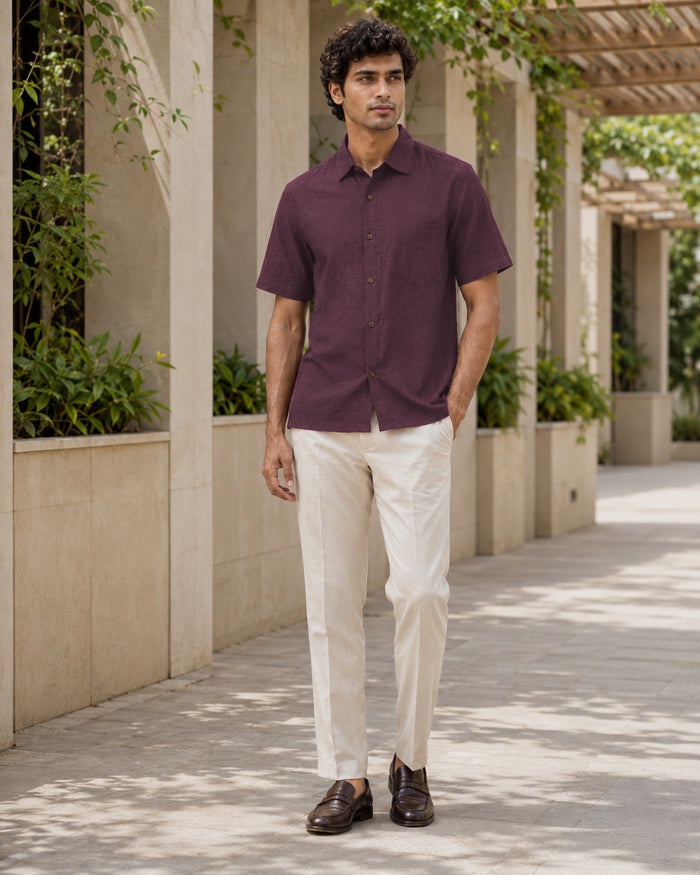 Half-Sleeve Crush Viscose Shirt in Wine