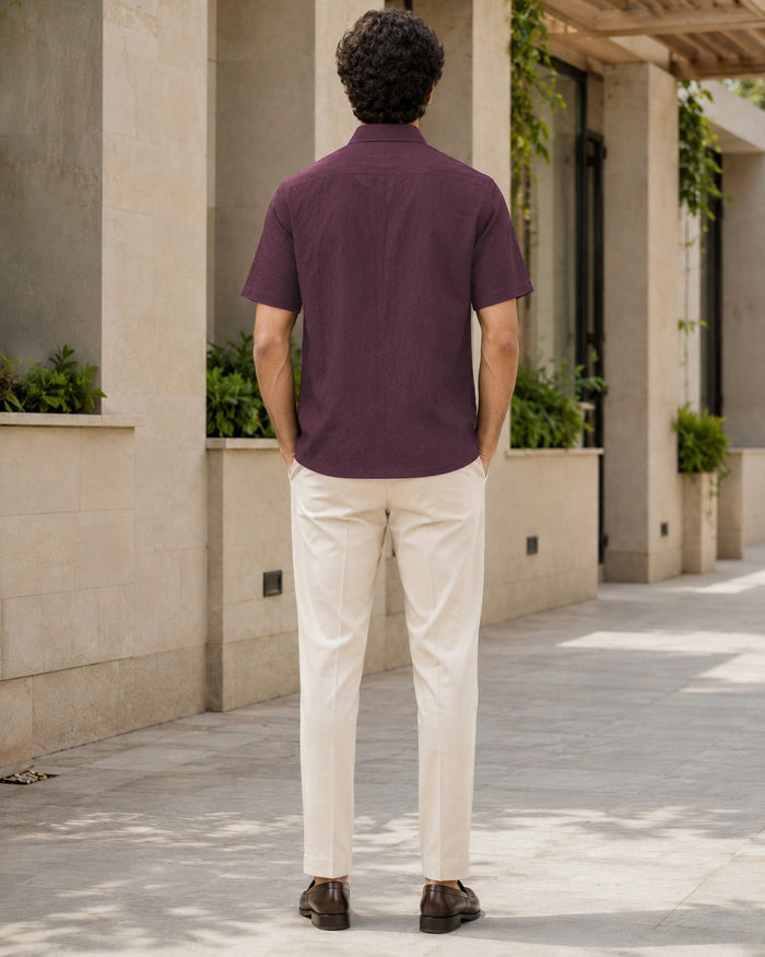Half-Sleeve Crush Viscose Shirt in Wine