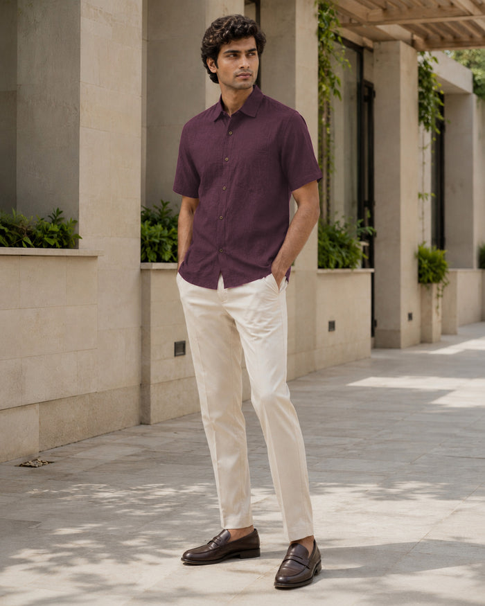 Half-Sleeve Crush Viscose Shirt in Wine
