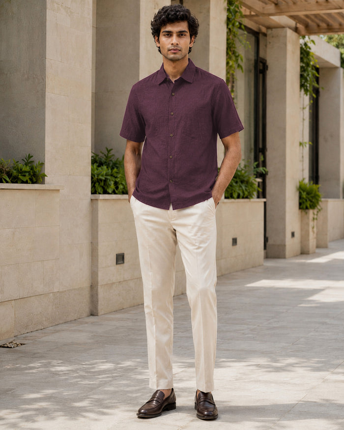 Half-Sleeve Crush Viscose Shirt in Wine