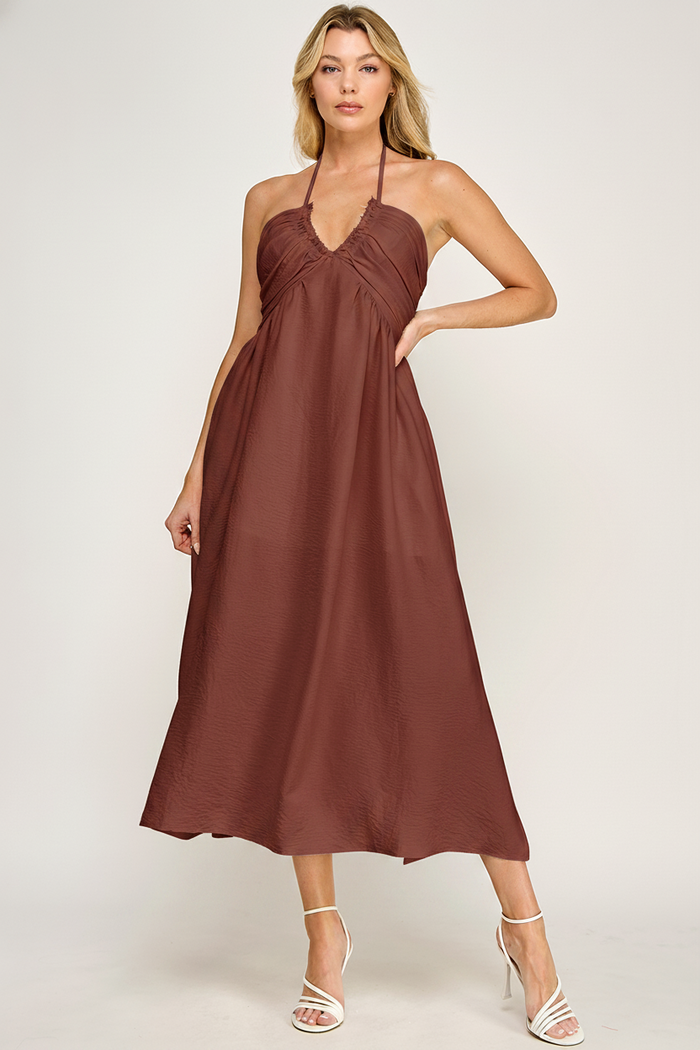 Halter Neck Open Back Self Tie Maxi Dress