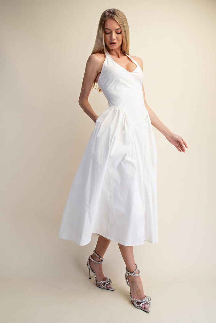 Halter Neck Tulle Maxi Dress with Pockets - White