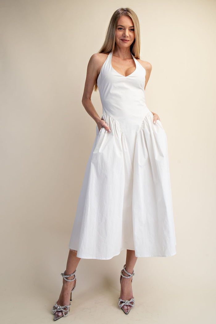 Halter Neck Tulle Maxi Dress with Pockets - White