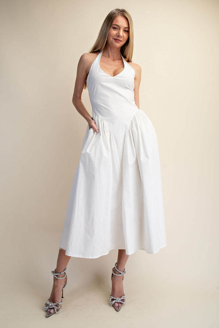 Halter Neck Tulle Maxi Dress with Pockets - White