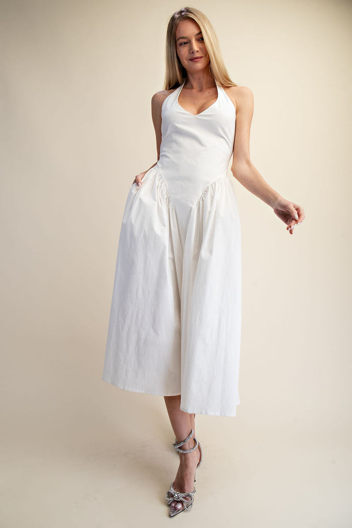 Halter Neck Tulle Maxi Dress with Pockets - White