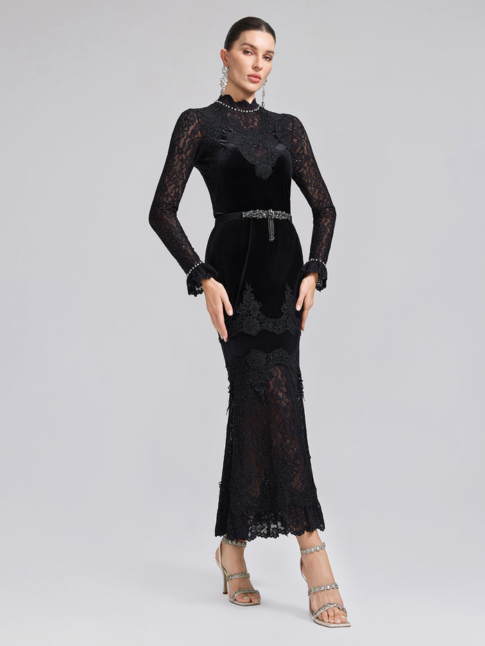 Hand-Beaded Sequin Lace & Velvet Panel Top