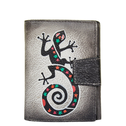 Women's hand-painted black lizard leather trifold wallet for travel