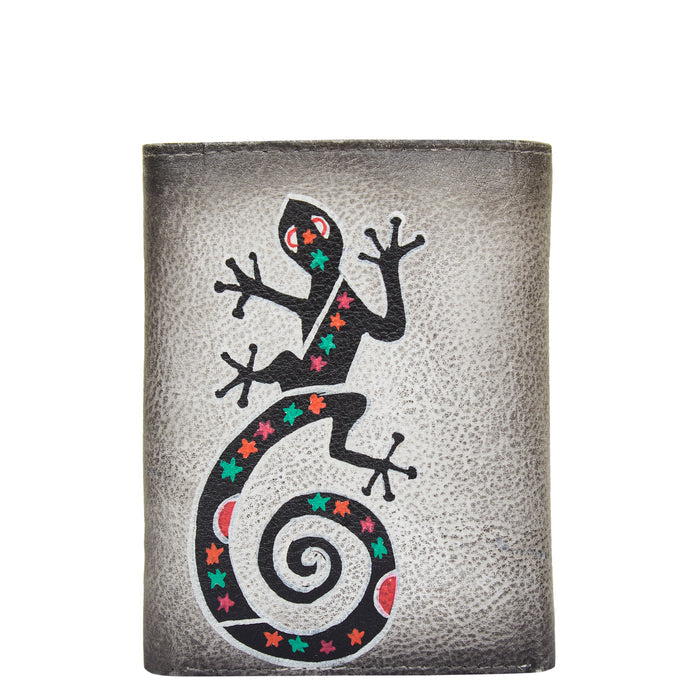 Women's hand-painted black lizard leather trifold wallet for travel-back image