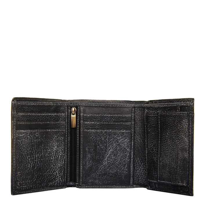 Women's hand-painted black lizard leather trifold wallet for travel-card cases