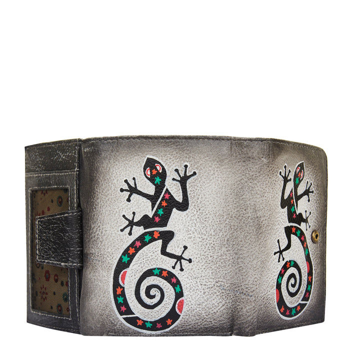 Women's hand-painted black lizard leather trifold wallet for travel-front full image