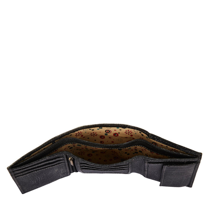 Women's hand-painted black lizard leather trifold wallet for travel-interior image