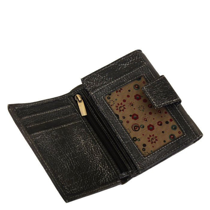 Women's hand-painted black lizard leather trifold wallet for travel-full interior image